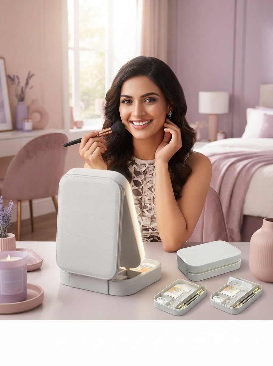 A smiling Indian woman using a lighted vanity mirror and jewelry storage case in a modern, organized bedroom with soft pink d