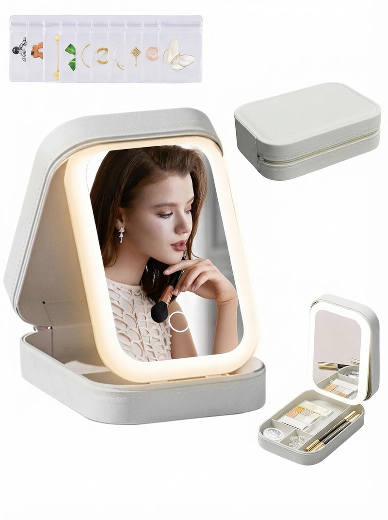 A South Asian woman using an illuminated vanity mirror jewelry case on her desk next to a laptop in a bright office setting.
