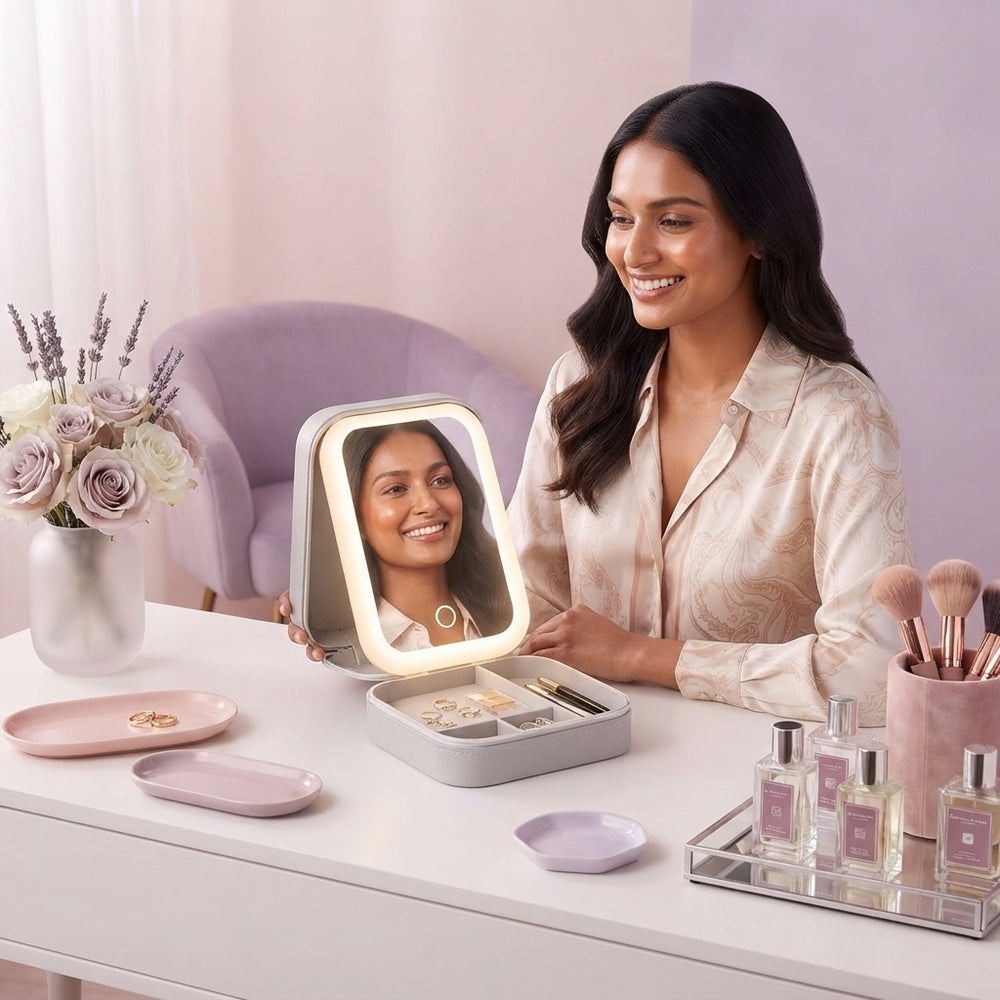 A South Asian woman using a lighted vanity mirror jewelry case at a neatly organized, stylishly decorated vanity table.