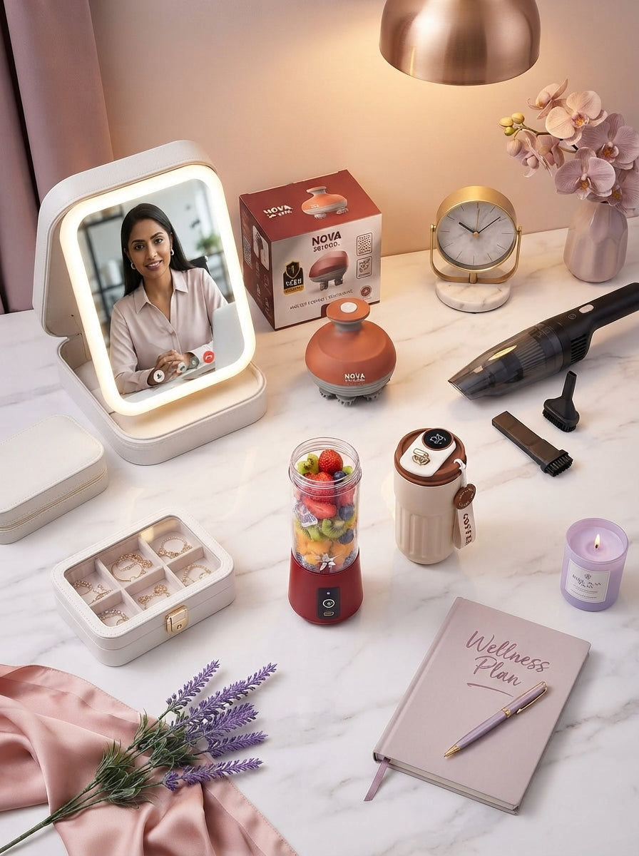 A collection of premium lifestyle gadgets including a vanity mirror, massager, blender, vacuum, and travel mug on a marble de